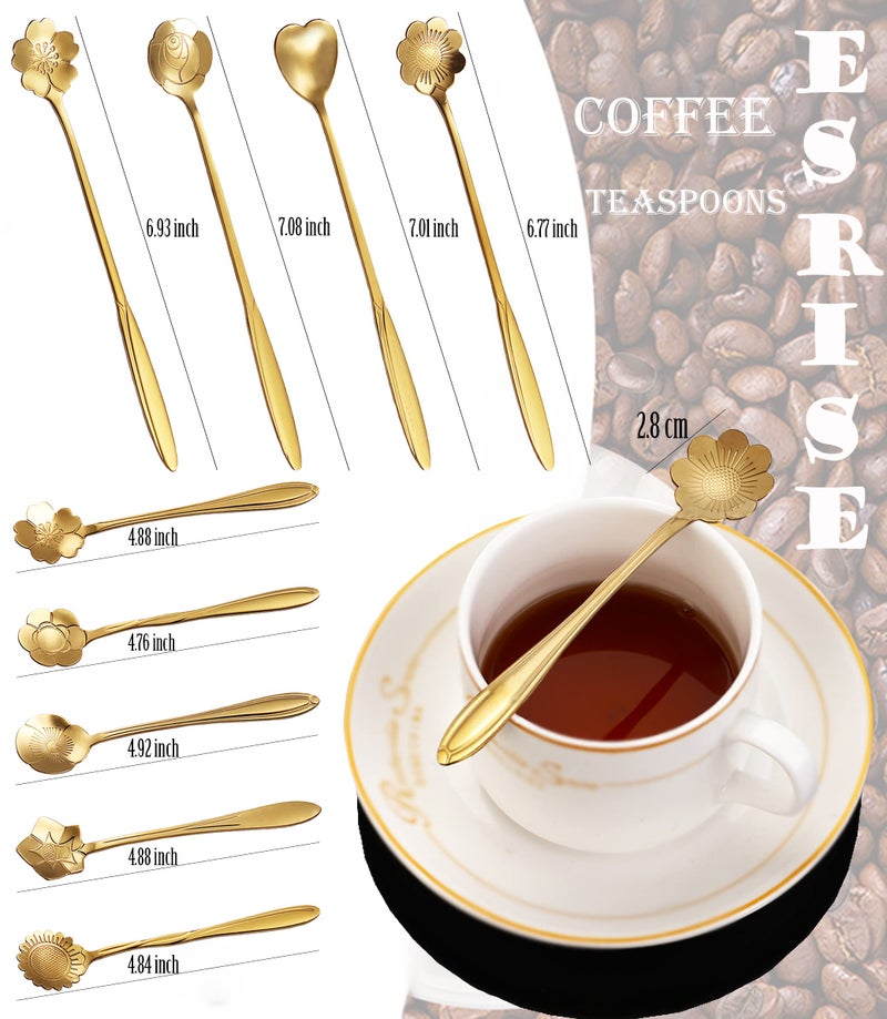 ESRISE 9 Pcs Flower Spoon Coffee Teaspoon Set  ESRISE Stainless Steel Tea Spoon  Cute Demitasse Scoop for Drink Mixing Milkshake Jam (Gold) - Image 3